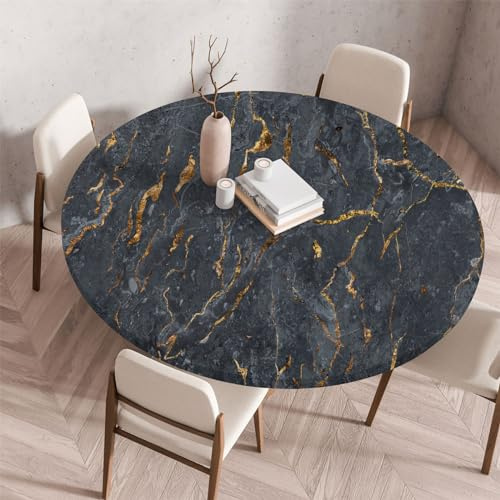 Highdi 3D Elastische Tischdecke Rund Abwaschbar, Spanntischdecke Rund Gartentischdecke Outdoor Round Tischdecke mit Gummizug für Esszimmer, Küche und Picknick (Stein B,80cm)