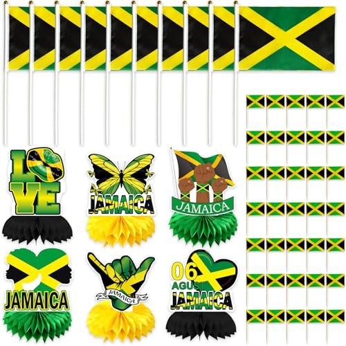 Jamaican Party Honeycomb Centerpiece Table Toppers with Jamaica Flags | Jamaican Festival Birthday Party Desk Centerpieces Topper Jamaican Patriotic Party Decors Favors Supplies (Counts of 66)