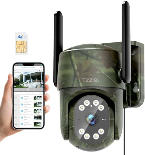 Tzziel 3G/4G caméra de Surveillance extérieur,Rotation 360° avec détection de Personnes et Suivi Automatique, 2K Vision Nocturne, Audio Bidirectionnel, Alerte, Etanche, Camera avec Carte sim