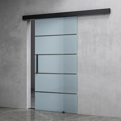 Mai & Mai Glasschiebetür komplettset Schwarz 5-Milchglas Streifen | Griffart: Stangengriff, BxH: 102.5x205cm, 25 mm Wandabstand, 8mm ESG-Sicherheitsglas