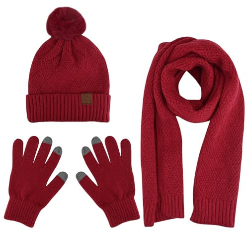 Copbopwn 3 Stück Mütze Schal Handschuhe Set, Thermische Strickmütze, Schal, Handschuhe Winter Pompom Mütze Handschuhe Schal Set Touchscreen Handschuhe Weiche dicke Mütze Handschuhe Langer Schal (Rot)