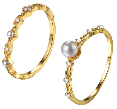 OIDEA Damen Ring mit Perle Zirkonia: Gold Perlenring mit Süßwasserperlen Stapelbare Verlobungsring Ehering Trauring Damenring Geschenk für Frauen Freundin Schwester Ringgröße 49-60