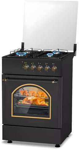 Avilia Cucina Nera a Gas con 4 Fuochi Forno Elettrico 1900W Integrato e Lasta Coprifuochi - Ideale per Cucinare in Modo Facile e Veloce in Ambienti Piccoli o all'Esterno - Resistente e Salvaspazio