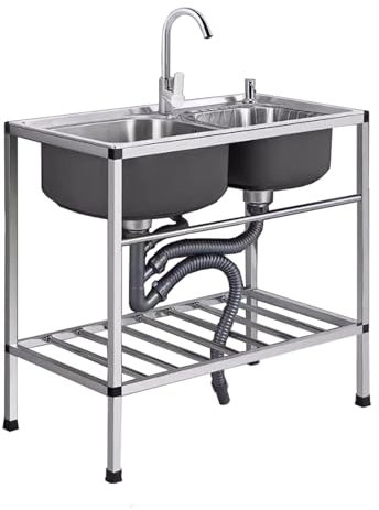 Fregadero de acero inoxidable para uso general - Fregadero de cocina independiente de dos senos con grifo, escurridor y estantes de almacenamiento, Fregadero comercial para estilo rústico, baño, bar