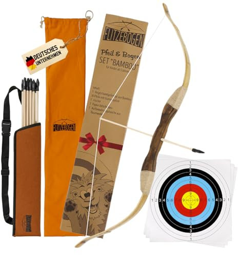 FLITZEBOGEN Pfeil und Bogen Kinder Set | 10 Pfeile mit Gummispitze, Köcher, Zielscheiben, Tasche | Bogenschießen Kinder Spielzeug ab 5 Jahren | Kinderbogen aus Holz | Rechts- und Linkshänder