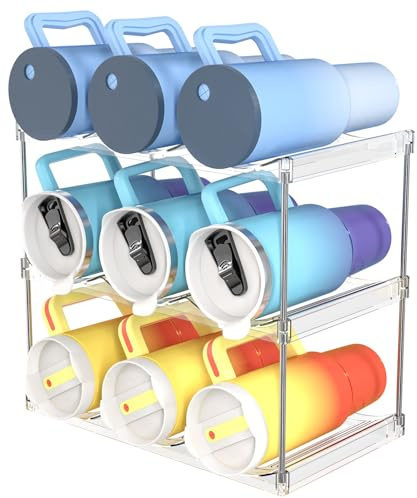 Irayin Stackable Water Bottle Organizer Holder - for Stanley & Others' Large Tumbler Organization - Plastic Bottle Holder Wine Rack for Kitchen Countertop Storage, Cupboard, Office, 3 Tier Hold 9