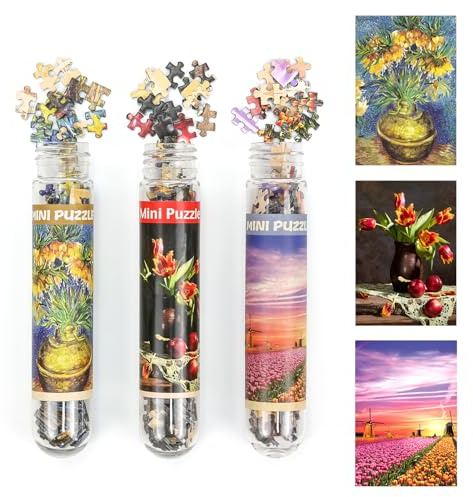 LUUFAN Lot de 3 mini puzzles pour adultes - 150 pièces - Petits puzzles tulipe, fritillaries et champ de fleurs - Jouet de divertissement intérieur (vase en cuivre)