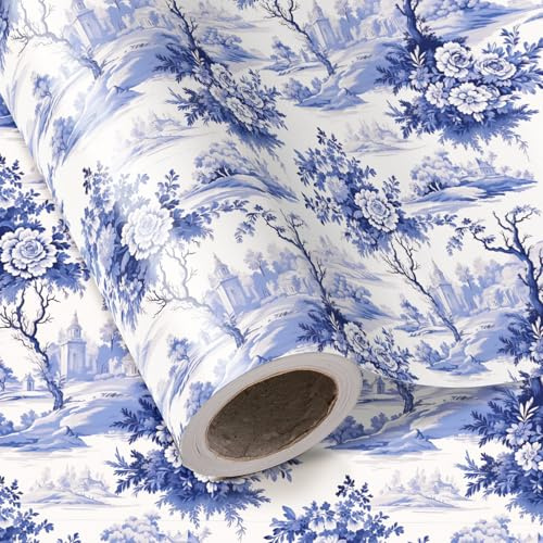 WRAPAHOLIC Geschenkpapierrolle mit Blumenmuster – Mini-Rolle – 43,2 cm x 5,2 m – Vintage-Blau, französisches Toile De Jouy-Design, perfekt für Hochzeit, Geburtstag, Brautparty, Teeparty