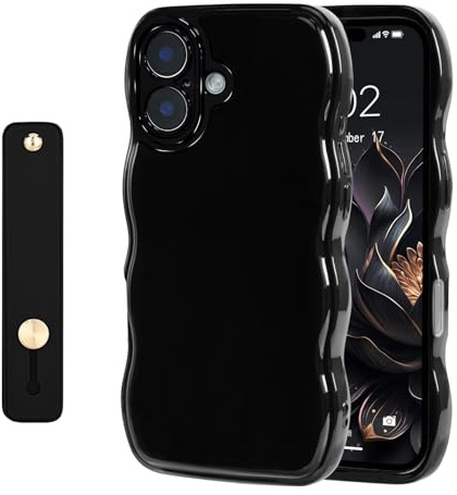 NITITOP Coque pour iPhone 16 Uni Ondulée avec Dragonne, Noir | avec Ajustable Poignée de Maintien, Mignon et Simple Design, pour Filles Femmes, Souple Silicone, Housse de Protection