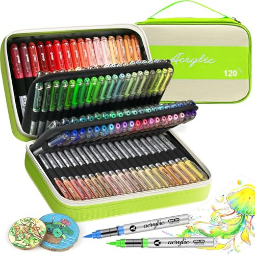 VividHues 120 colors Acrylstifte Set – Brush Tip Acrylmarker für Steine, Holz, Glas, Keramik, Metall, Leinwand – Acryl Paint Marker, Schnell trocknend, Ungiftig, Ideal für DIY und Basteln (Grün)