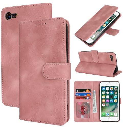 Zouzt Hülle für iPhone SE (3./2. gen)/8/7, PU Leder, Vintage Rose Pink | Handyhülle mit Kartenfächern, Magnet Klapp Schutzhülle, Stoßfeste TPU-Innenhülle, Frauen Männer, Leather Wallet Phone Case
