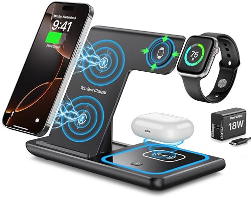 EXW 3 in 1 Wireless Charging Magnetic Station Foldable For iPhone 16/15/14/13/12/11 Apple Watch Airpods Samsung Phone Charger With Adapter 18W Black