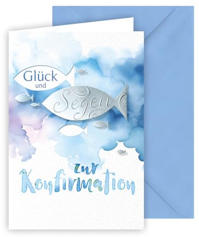 KE - Moderne Karte zur Konfirmation, Glückwunschkarte, mit Umschlag, hellblau, Motiv: Wolken, Fisch mit Silberprägung (Segen) auf edlem Strukturkarton, Format: B6