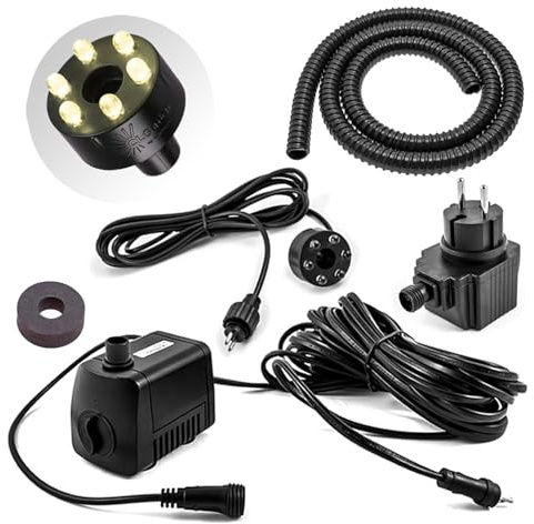 CLGarden Springbrunnen Pumpe 12 V mit LED Licht warmweiß Tauchpumpe klein Schaumstoffdichtung Premium Schlauch 500 l/h Springbrunnenpumpe