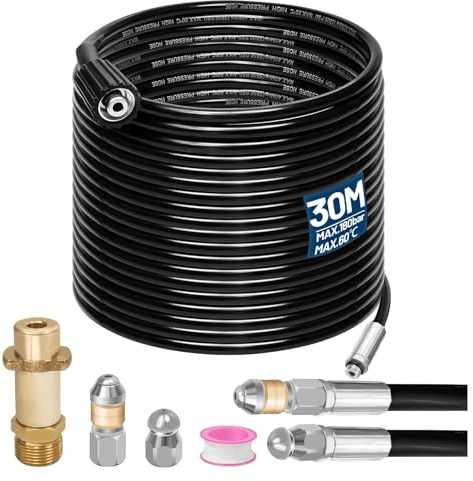 diceevil Kit de nettoyage de canalisations pour Karcher K2, K3, K4, K5, K6, K7 - 30 m - Tuyau de débouchage 180 bar - 60 °C - Avec buses rigides et rotatives - 1 adaptateur