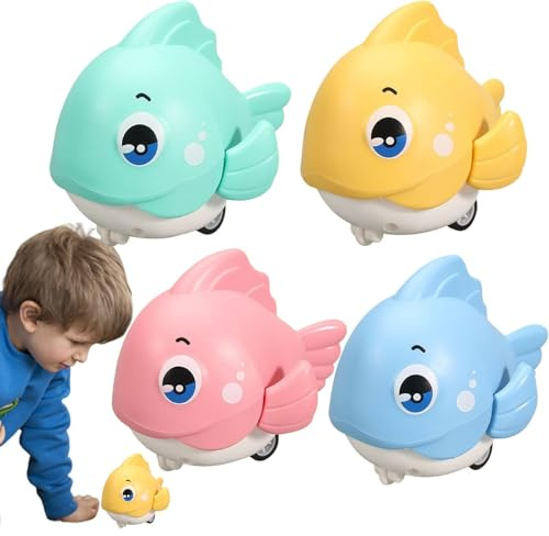 Derwrtup Crawling fish, roll-back fish toy, 4 x cartoon baby toys, fish push and pull, learning crawl, walking child development, parent-child games for girls