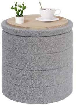 PINPLUS Boucle Hocker mit Stauraum Sitzhocker Rund, 43x43x45 cm, Grau | Deckel als Tablett, Polsterhocker, faltbar, Fußablage & Tisch, Aufbewahrungsbox, für Wohnzimmer, Schlafzimmer, Flur
