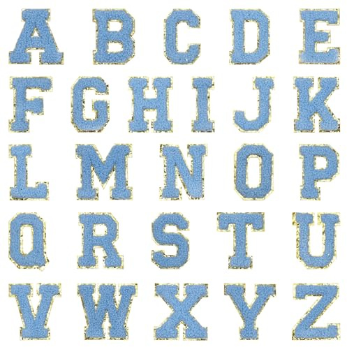 QUARKZMAN 26 Stück Buchstaben Aufkleber, Patches zum Aufbügeln, A-Z Alphabet Buchstaben Zum Aufbügeln Selbstklebende Patches Sticker für DIY Jeans Rucksäcke Kleidung Taschen, Hellblau
