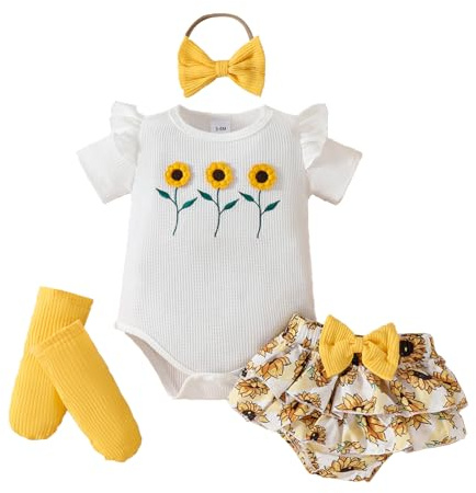 LUVCES Conjunto Ropa para Niñas Recién Nacidas Manga Corta Estampado Mameluco Top + Bowknot Pantalones Cortos +Calcetín 3Pcs Trajes de Verano Girasol amarillo 9-12 Meses