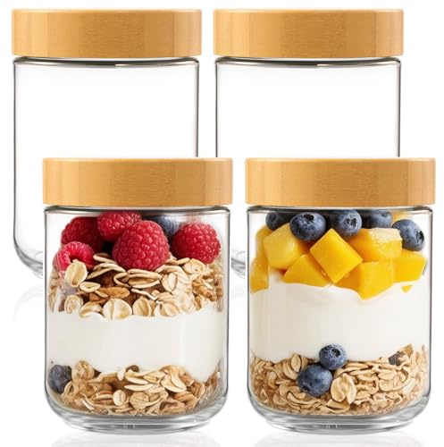 WELTOKE Overnight Oats Gläser 460ml, 4 Stück Meal Prep Gläser für Overnight Oats, EinmachgläSer mit Schraubdeckel, Joghurtgläser Glas für Marmelade, Salat, Milchshake, Haferflocken