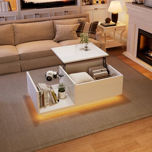 Merax Table basse avec plateau réglable en hauteur, Table basse moderne extensible avec LED, Table de salon Table canapé avec espace de rangement caché et vitrine en verre, Table d'appoint pour salon