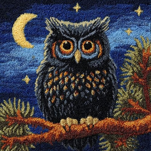 WallustrioaW Mondnachtszene Knüpfkissen Set,Latch Hook Kissen Kit,Tier Eule,3D Handgemachte Geschenke Knüpfteppich Für Kinder Und Erwachsene Knüpfset,43x43cm