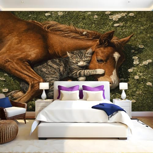 MarróN Papel Pintado Fotografía Animales gatos y caballos Fotomurales Decorativos Pared 300x210 cm Sofá Fondo Pared Pintado Papel Tapiz TV Dormitorio Fotomural Sala Mural