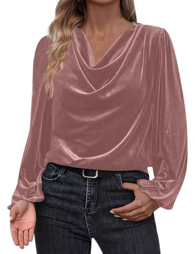 Dyhxuan Blusa de terciopelo para mujer, elegante, con cuello en cascada, camiseta festiva, monocolor, camiseta holgada, informal, manga larga, blusas de moda para mujer, S-3XL, Rosa melocotón., XL