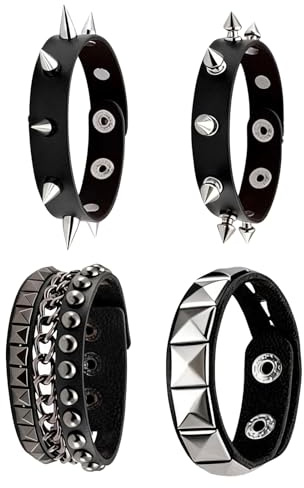 LifgWas 4 Stück Gothic Schmuck, Punk ArmbäNder, Armband Herren Damen Leder, Schwarz Lederarmband, Gothic Armreif Nieten Armband