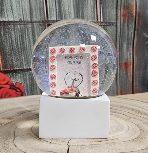 Sfera di neve per foto con rose, vetro riempito con cornice intercambiabile, altezza: 120 mm, larghezza: 100 mm, base bianca angolare, San Valentino, festa della mamma, 40093