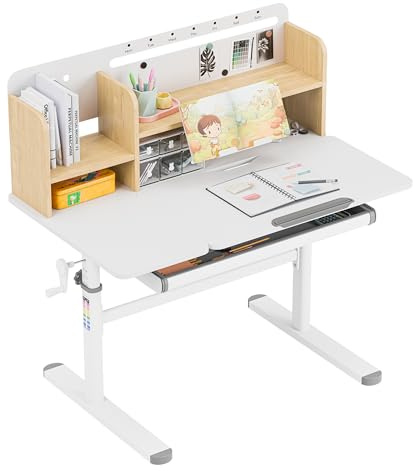 MARK ADLER Study 5.7 Kinderschreibtisch Höhenverstellbar - Schreibtisch | Lerntisch Kinder Ergonomisch - Neigbare Tischplatte - Mit Schublade Ablage und Buchstütze - für Kinder 90–160 cm – Wood