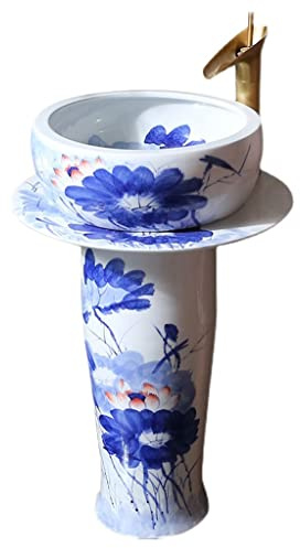 Lavello in ceramica con rubinetto, lavabo autoportante da bagno, elegante lavabo a colonna per lavabo moderno, elegante lavello da pavimento per arredamento domestico