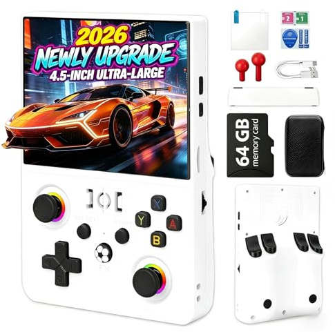 Blidinner 2026 NEW Upgrade R36MAX Ⅱ Retro Handheld Video Game Console-4.5 Inch Ultra-Large Screen,Support 18000+ Classic Games,64G TF Card,Linux System,4000mAh Battery,Birthday Gift for Friends-White
