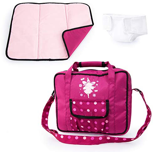 Bayer Design 69267AB Puppenzubehör, Puppenpflege Set, Wickelset für Puppen, Zubehör für Babypuppen mit Wickeltasche, Wickelunterlage, genähte Windel, Bordeaux, rosa, gepunktet mit fee