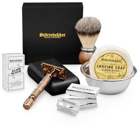Störtebekker® Premium Rasierhobel Set für Herren im handgefertigten Lederetui - mit Rasierpinsel, Rasierschale Edelstahl, Rasierseife, Alaunstein und Rasierklingen - Rasierset/Bartpflege Set Männer