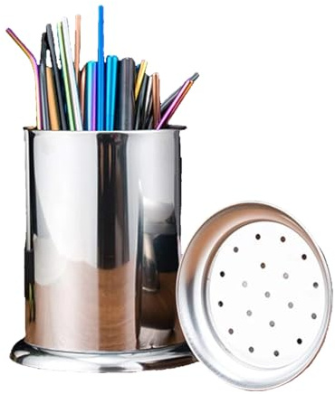 Agatige Countertop Straw Dispenser, Stainless Steel Dringk Straw Holder Spoons Forks Chopsticks Storage Cutlery Organizer Stirrers Holder Straw Container for Home Bar (L)