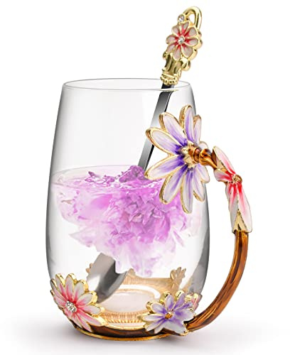 OEAGO Purple Gifts for Women Mom Mothers Day Glass Coffee Enamels Mug Best Birthday Flower Gifts for Her from Daughter Son Lead-Free Christmas Tea Cup with Spoon Set