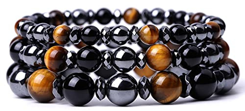 COSFAN 3 pezzi tripla protezione bracciale, bracciale di pietra naturale, occhio di tigre ematite nero ossidiana fortuna bracciale, Bracciale uomo, gioielli da donna (Stile-1)