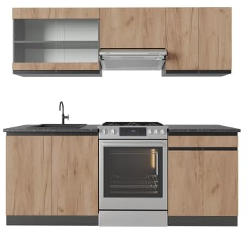 Vicco Küchenzeile R-Line, Goldkraft Eiche/Anthrazit, 200 cm | 5 Module · Höhenverstellbare Füße · Ohne Arbeitsplatte · Robuste Fronten · Mit Glasschrank · Frei kombinierbar