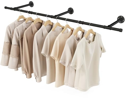 YheenLf Barra Appendiabiti da Parete, Attaccapanni da Muro per Tubo Industriale 150 cm, Porta Abiti da Camera in Metallo Resistente per Balconi e Camere da Letto, 1 Pezzo, Nero
