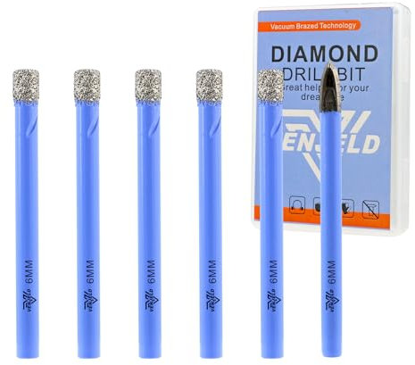 VENJELD Juego de Brocas Diamante Seco - 5 Piezas 6mm Corona Diamnate y 1 Pieza 6mm Taladro Carburo para Porcelana Cerámica Mármol Granito - Vástago Redondo con Estuche