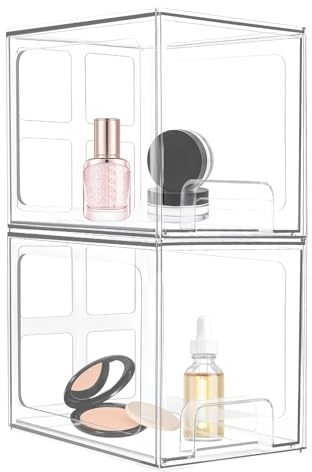 Paquete de 2 Cajones de Almacenamiento Apilables, Clear Acrylic Makeup Drawer Storage Bins, Organizador Maquillaje Cajones Extensible, Organizador Despensa, Cajonera Plastico, 19,05x15,24x16,7cm (A)