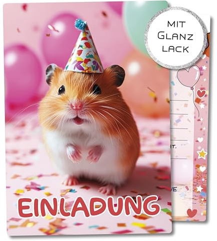 Kinder-Einladungskarten Hamster, Hochglanz, Geburtstag, rosa, 12 St.