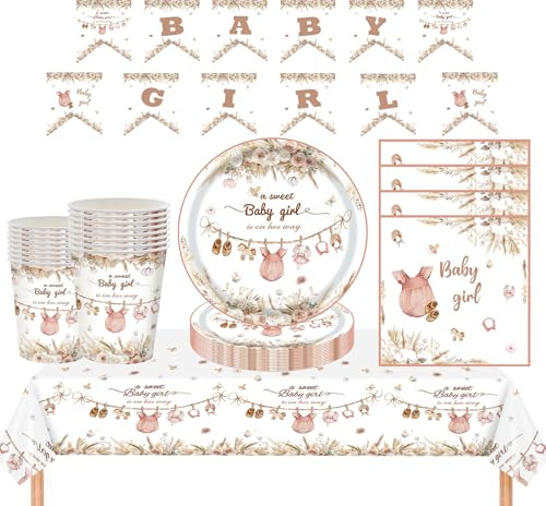 MORAINJAY 65Pcs Mädchen Babyparty Deko für 16 Gäste, Babyshow Partygeschirr mit Pappteller Pappbecher Servietten Tischdecke, Baby Girl Banner Girlande für Baby Dusche Babyshowerparty Geburtstag