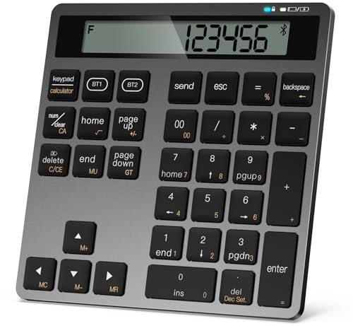 Rechargeable Wireless Number Pad for Laptop, 34 Keys Numeric Keypad with Dual Bluetooth & Display, 2-in-1 Numpad and Calculator, Slim Portable Number Pad Keyboard for Windows, Mac, PC, Tablet
