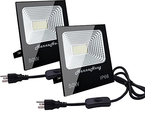 HANNAHONG 50W 120V LED Flood Light Plug in,Super Bright Security/Work/Plant Grow Light,IP66 Waterproof Outdoor,Daylight White Reflector Spotlight,Porch,Garage,Patio,Yard,Garden 2 Pack