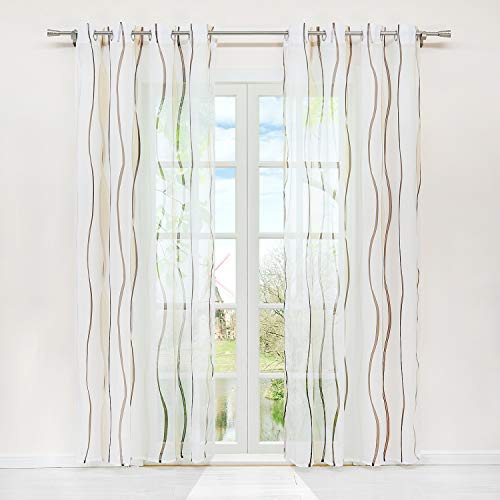 HongYa 1er-Pack Voile Gardine Transparenter Vorhang mit Ösen Wellen Druck H/B 225/140 cm Creme Braun
