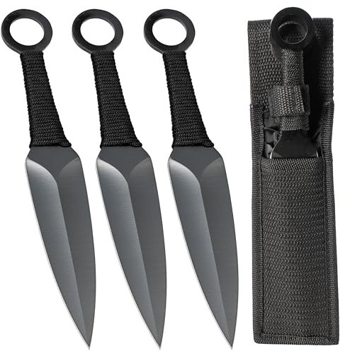 KOSxBO® 3 Expendables Wurfmesser Kunai 22,6 cm - Throwing Knife - schnelles Werfen Messer schwarz Edelstahl - Trainingsmesser - Gürtelmesser - Wurfnadeln Set inklusive Etui