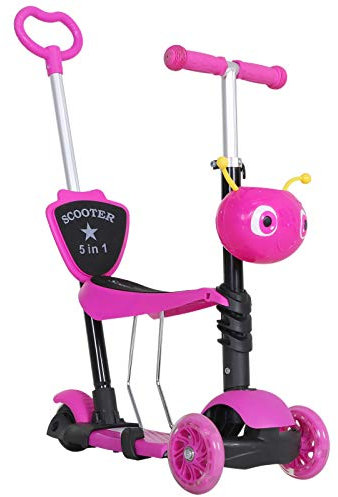HOMCOM 5 en 1 Trottinette pour Enfants Trottinette 3 Roues évolutive Hauteur Guidon réglable Charge Max. 60 Kg Canne télescopique Selle Dossier Amovible Rose