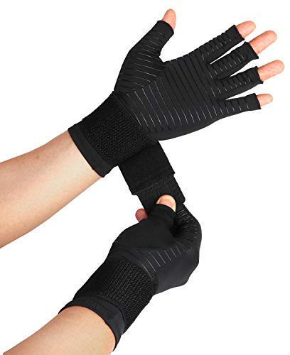 Thx4COPPER Compression Arthritis Gloves with Strap – Copper Infused – Fingerless Glove Hand Wrist Support for Carpal Tunnel, Arthritis, RSI, Tendonitis, Hand Pain Relief – Men/Women Pair,S-M